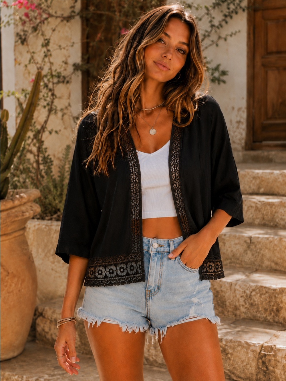 Notations Black Cardigan with Lace Detail
